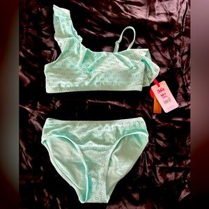 Girls NWT 2 piece off one shoulder mint green bathing suit by Justice